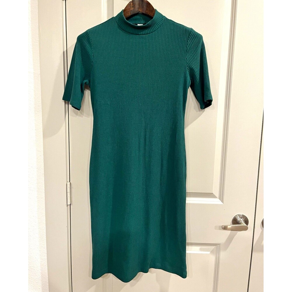 Old Navy Green Solid Ribbed Knit Mock Neck Short Sleeve Midi Sheath Dress S 0096
